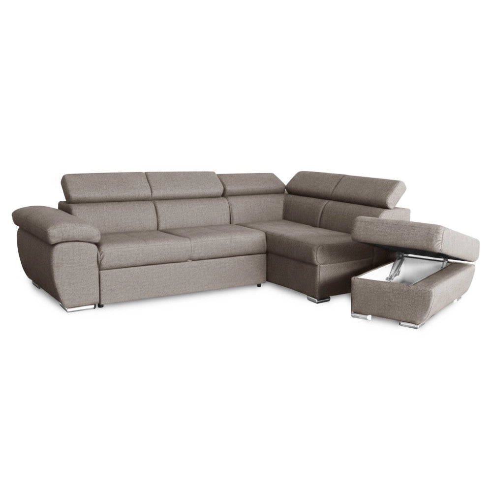 Divano Letto Angolare Fiona con Penisola Destra e Pouf Contenitore – Tortora