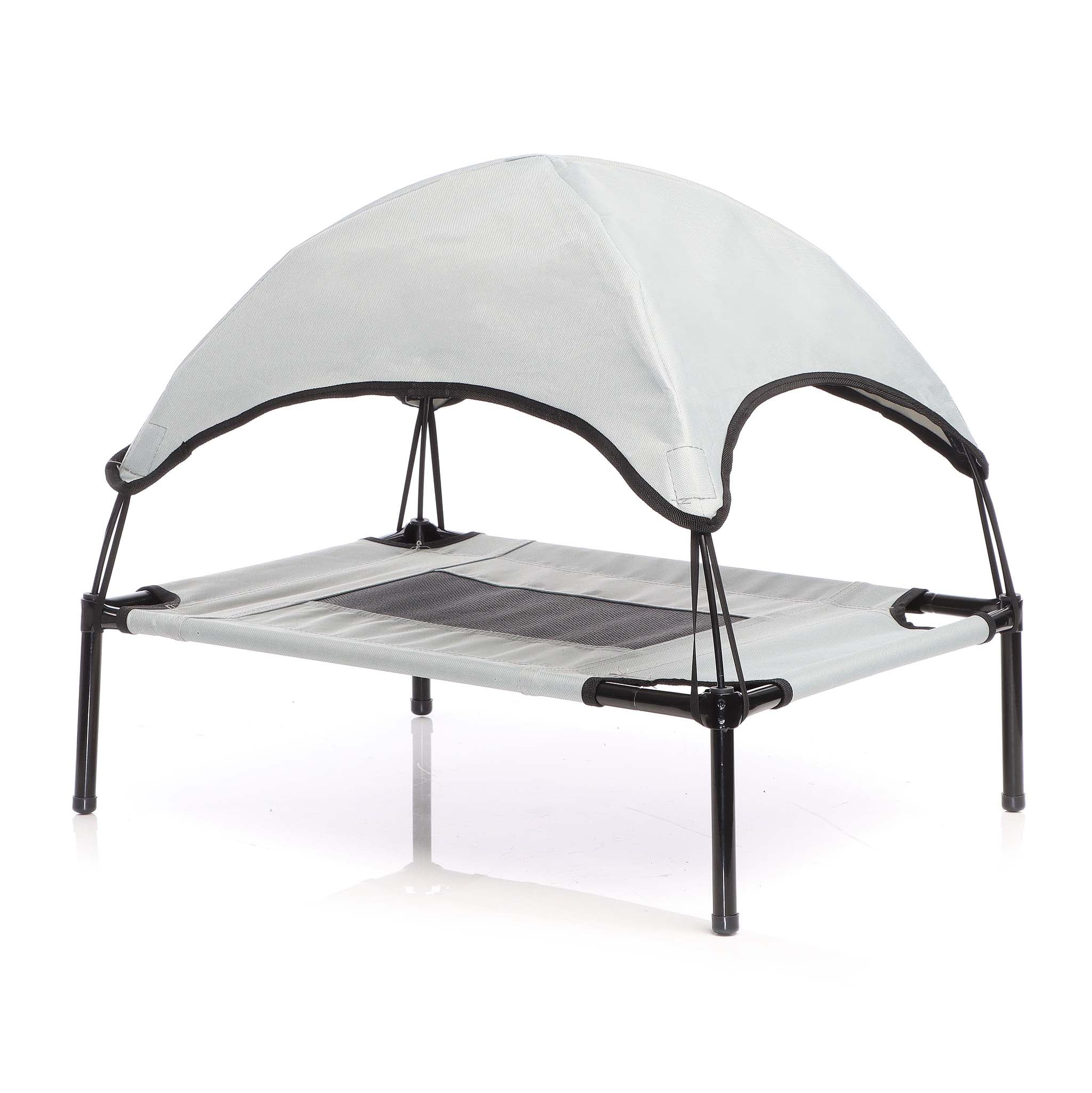 Brandina per cani e gatti con tettoia grigia, cuccia per cani max 50kg, lettino da esterno per animali con tettuccio parasole, 122x91x16cm