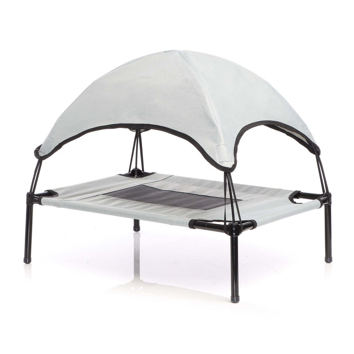 Brandina per cani e gatti con tettoia grigia, cuccia per cani max 50kg, lettino da esterno per animali con tettuccio parasole, 122x91x16cm