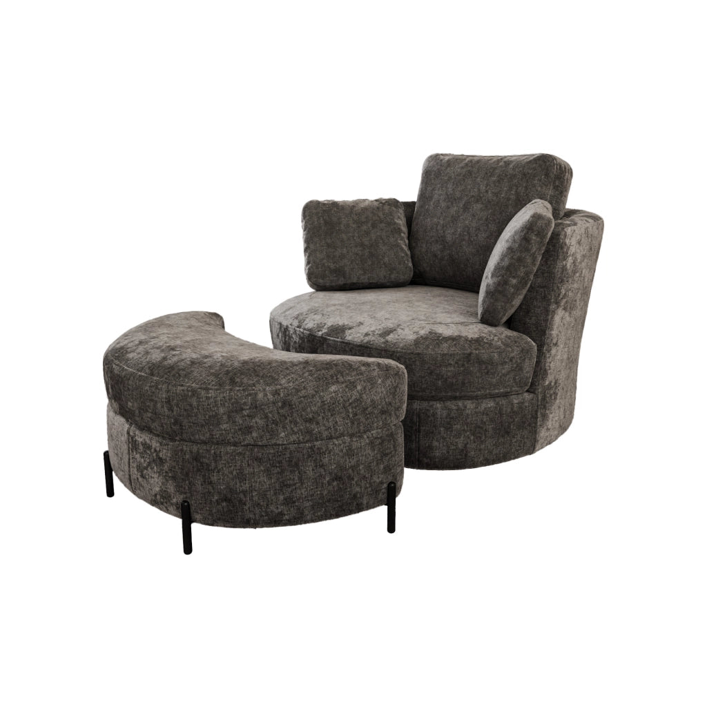 Poltrona oversize moderna - Zephmum- Grigio chenille, cuscini separati, pouf lunare