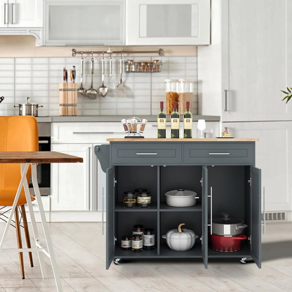 Isola di cucina mobile, carrello da cucina con ruote, 2 cassetti, armadi, portasciugamani e supporto per coltelli, ripiani regolabili, piano di lavoro in legno gomma, 121,5 x 45,5 x 92,5 cm