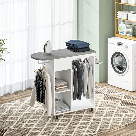 Mobile Asse da Stiro 125x43,5x112 cm con Ruote Barra per Abiti e Ripiani Bianco