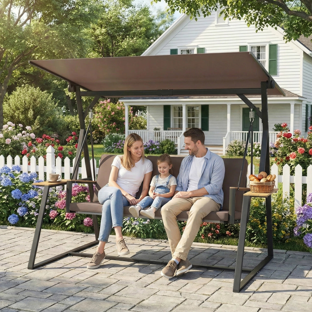 Dondolo da Giardino 3 Posti con Tettuccio Regolabile ¨C zephmum ¨C Marrone, Metallo, 222x131x175 cm