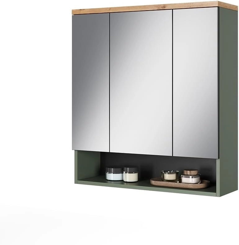 Specchio contenitore bagno Eden, Verde, 70 x 77.5 cm con 3 ante a specchio, ampio spazio di archiviazione per gli accessori del bagno