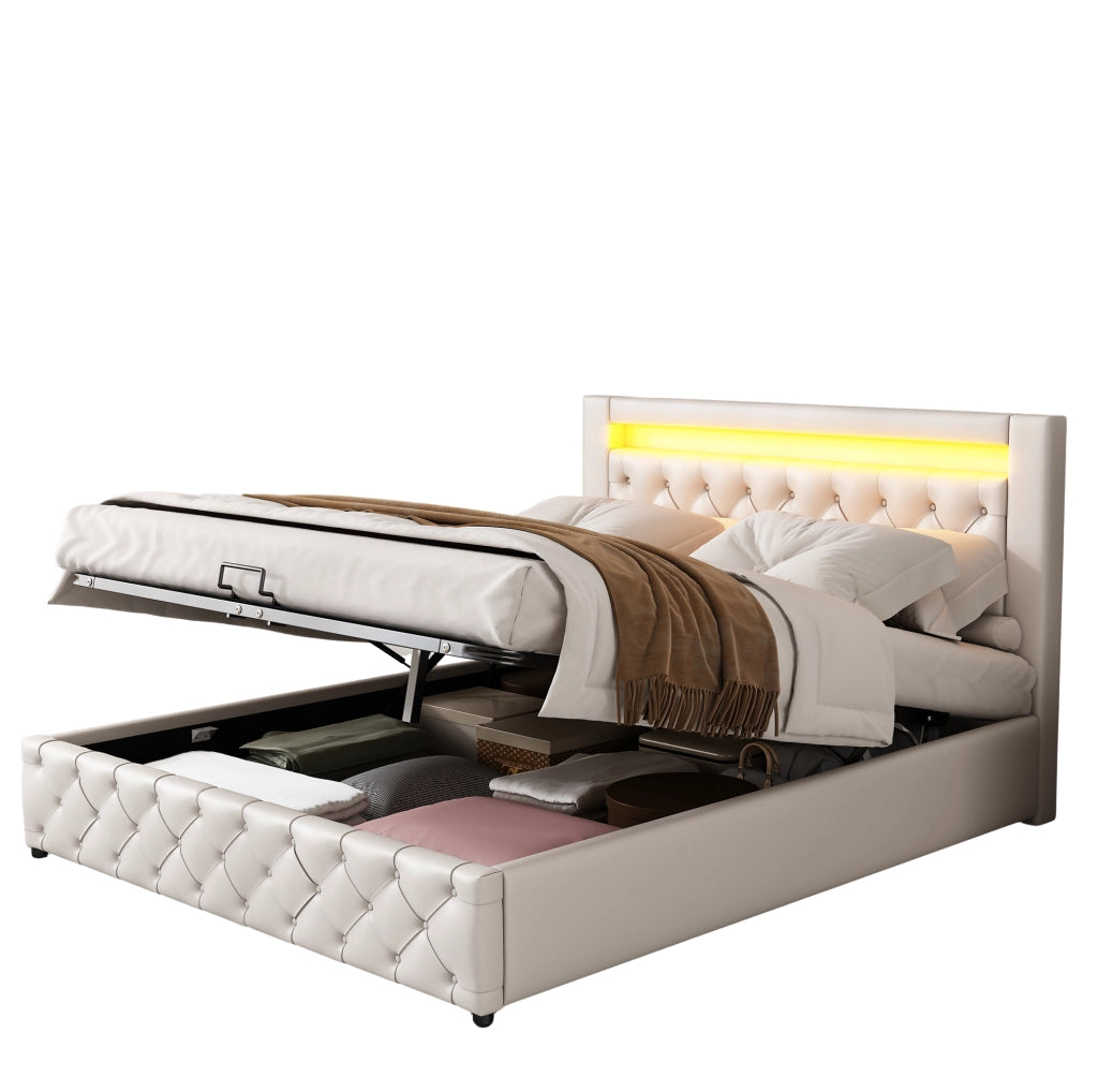 Letto imbottito 140x200 cm con rete a doghe, contenitore e LED