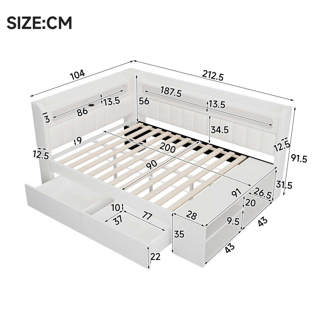 Letto imbottito 90x200 cm con USB; LED e scarpiera; bianco