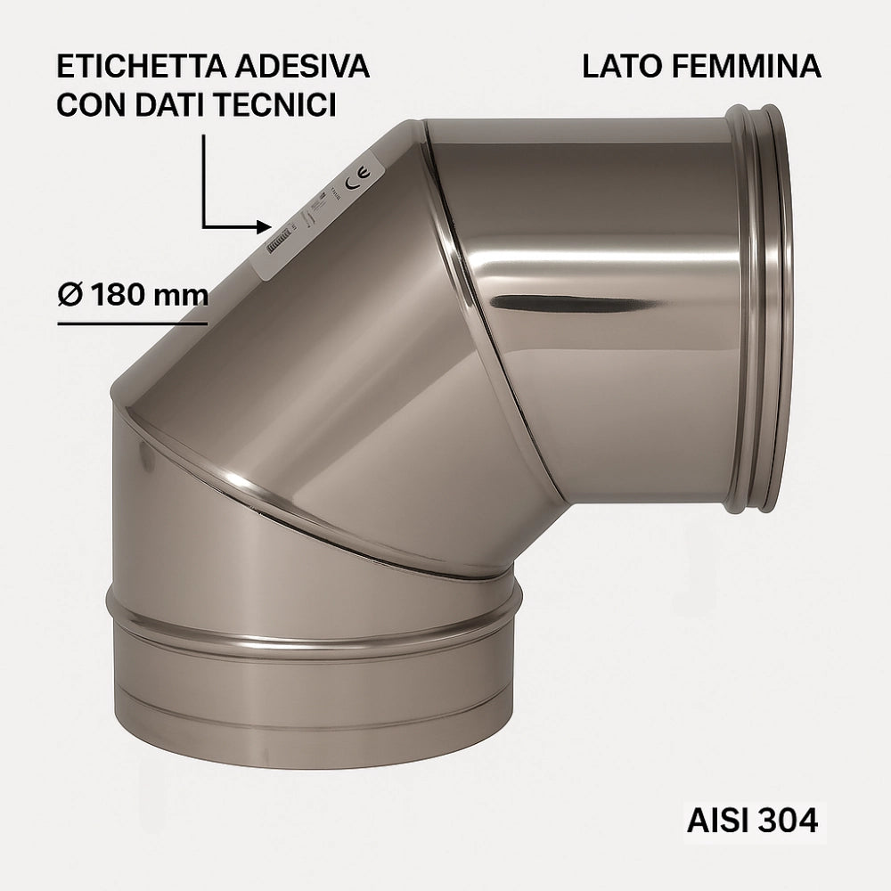 Curva 90° acciaio inox Ø 180 mm spessore 0,5 mm canna fumaria monoparete