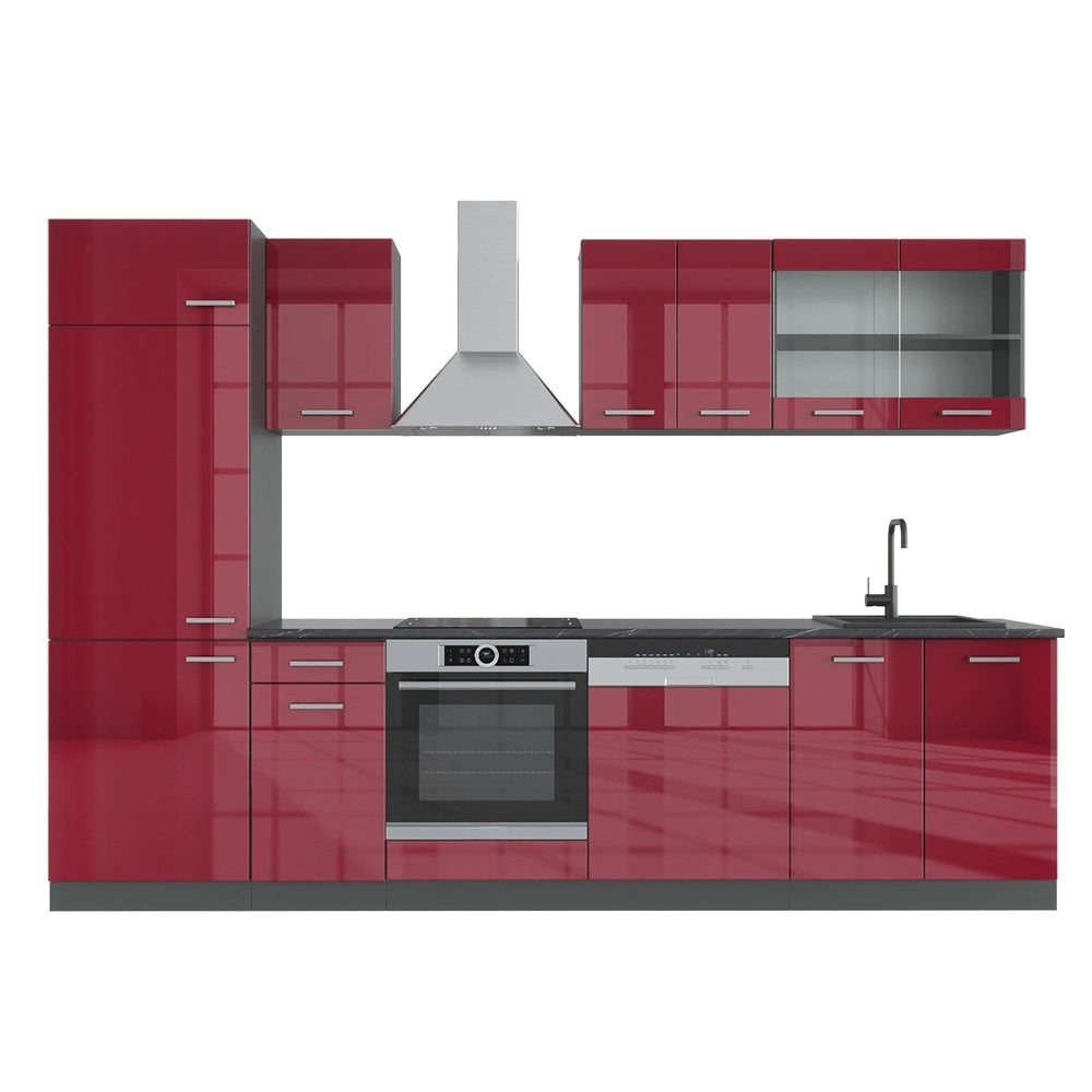 Cucina componibile R-Line Rosso lucido/Antracite 300 cm senza piano di lavoro Vicco