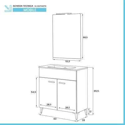 Mobile bagno a terra 60 cm bianco lucido con 2 ante lavabo e specchio  Martha