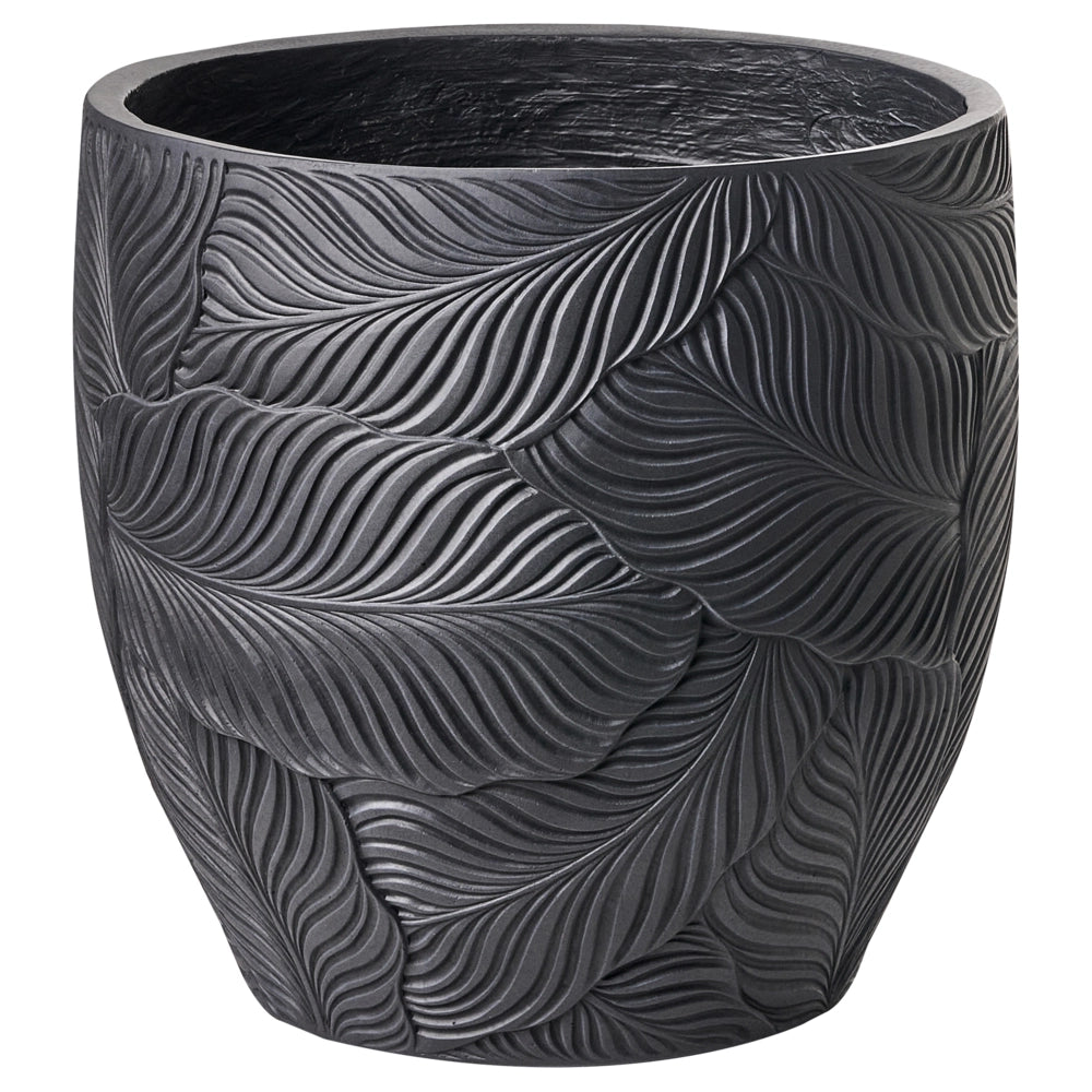 Vaso da fiori grigio in fibra di argilla verniciata per interni ed esterni, rotondo, 42 x 42 x 42 cm, motivo a foglie