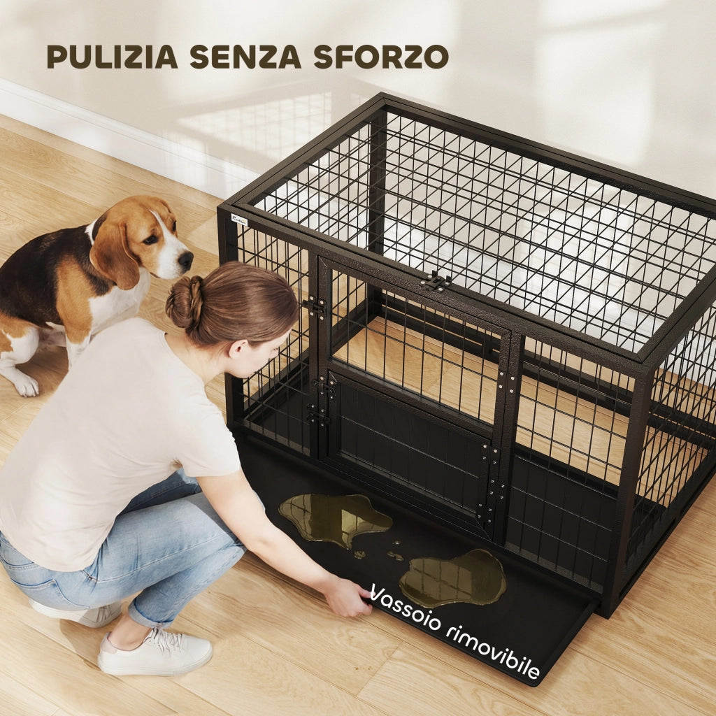 Gabbia per Cani Robusta 94x60x64 cm con Vassoio Rimovibile e Doppia Porta in Acciaio e Plastica Nero