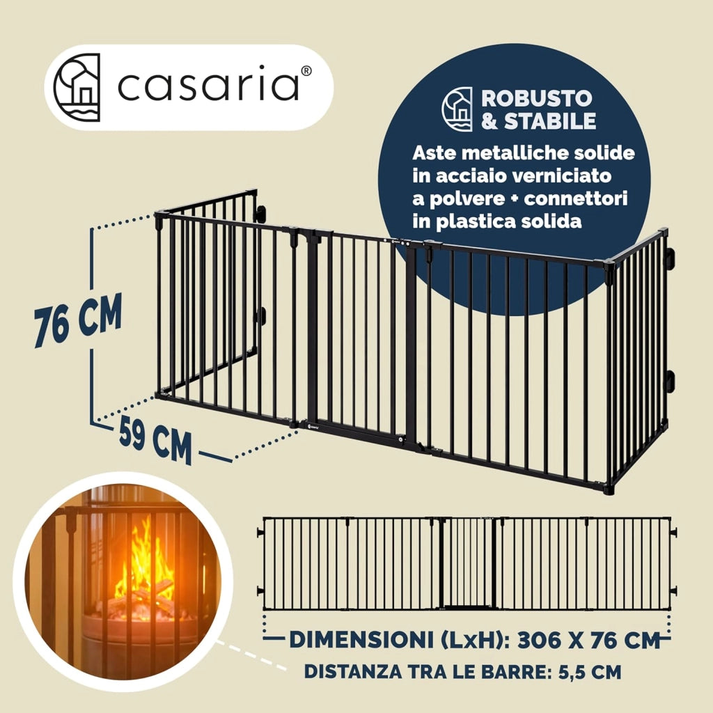 ® Cancelletto di Sicurezza per Caminetto per Bambini con Sportello in Metallo 306x76cm Protezione Cani Animali Barriera Cancello Camino Scale Stufa