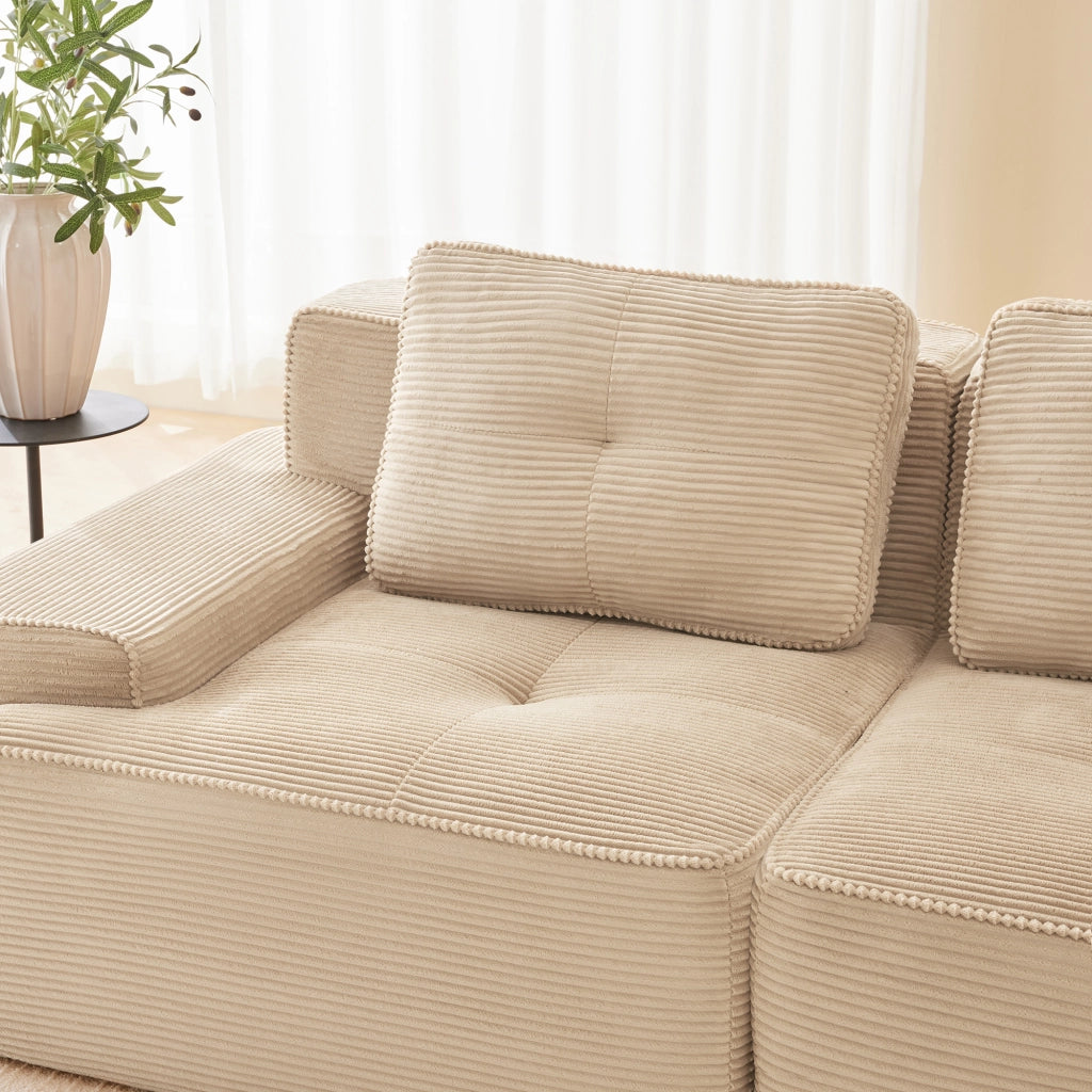 divano modulare 4 posti; seduta profonda 74 cm; schiuma 32D; tessuto velluto a coste beige