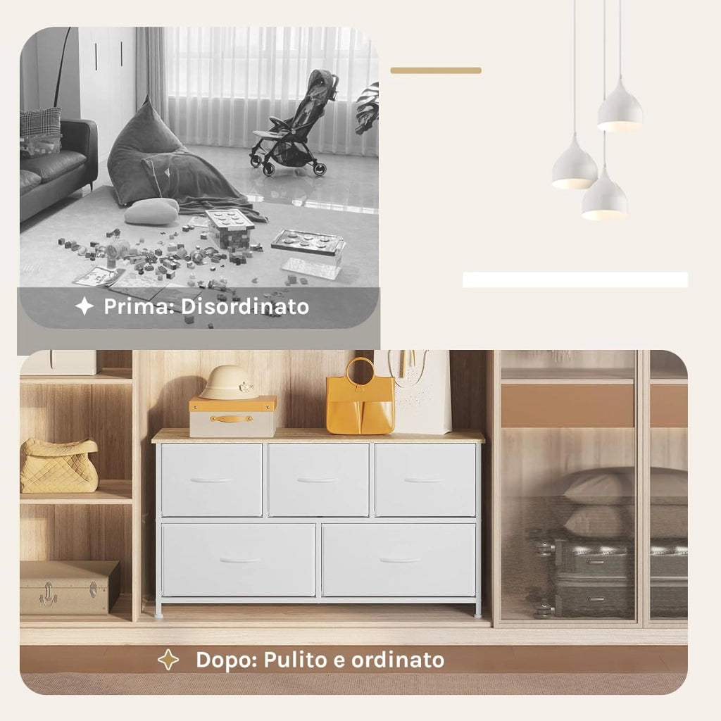Cassettiera Camera da Letto, Cassettiera con 5 Cassetti a 2 Livelli in Tessuto, Mobile con Cassetti Industriale, Struttura in Metallo e Legno, Bianco, 100x30x54cm, SSK005ws