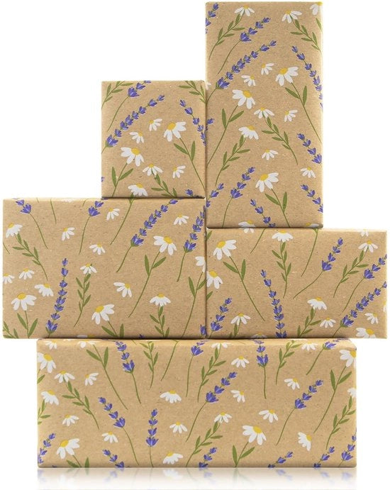 Papier di fiori Lavanda/Camomilla - Carta per confezione Festa di compleanno - Carta da regalo Rotolo - Carta kraft 42"x300 cm - Resistente a strappi e pieghe - Ideale per regali