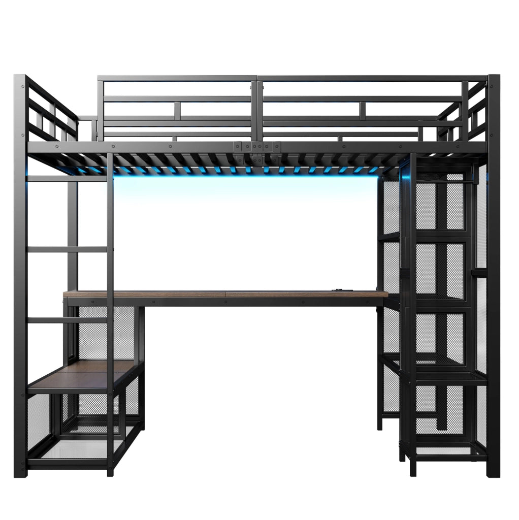 Letto a soppalco 140x200 cm con scrivania, LED e armadio aperto
