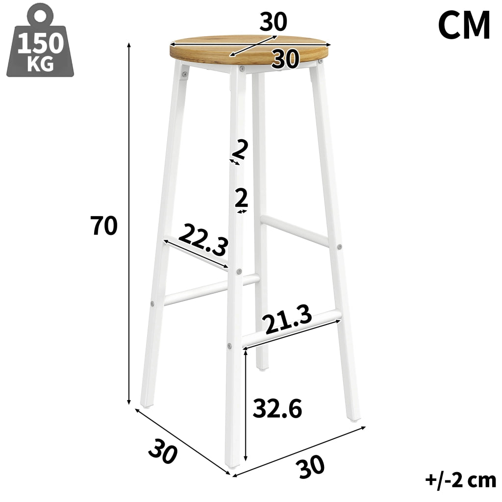 Sgabello da bar set da 2 con seduta effetto legno e piedi regolabili in metallo bianco moderno per isola cucina