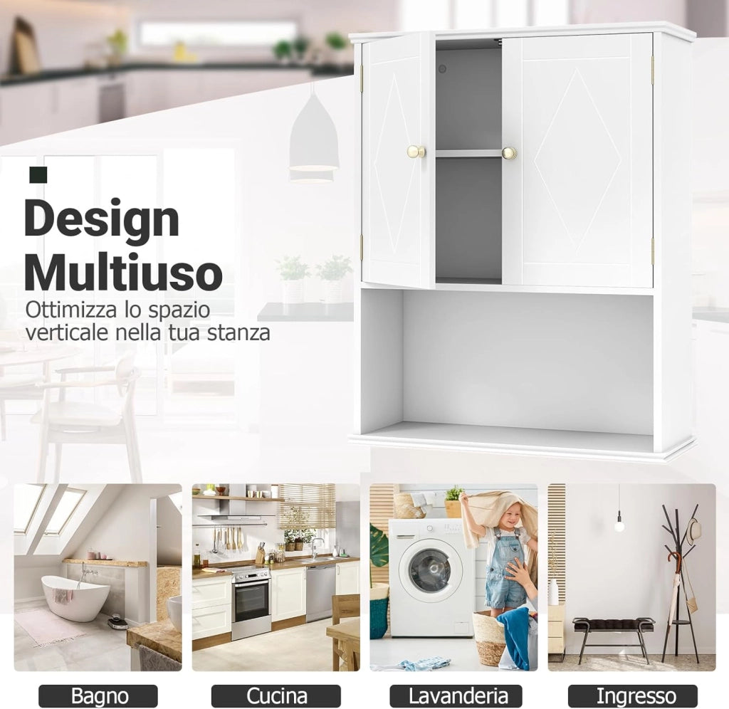 Mobile da Bagno da Parete, Mobiletto Salvaspazio a Muro a 2 Ante con Ripiano Aperto e Ripiano Regolabile, Armadietto per Cucina, Soggiorno e Ingresso, 60 x 21 x 75 cm (Bianco)