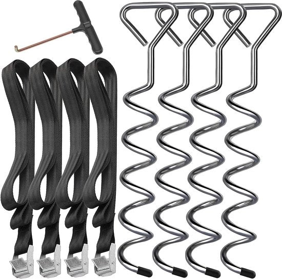 Impianto di ancoraggio per trampolini - Set di 4 pezzi in acciaio inossidabile e galvanizzato - Schiume per giardino e campeggio - Cinture robuste