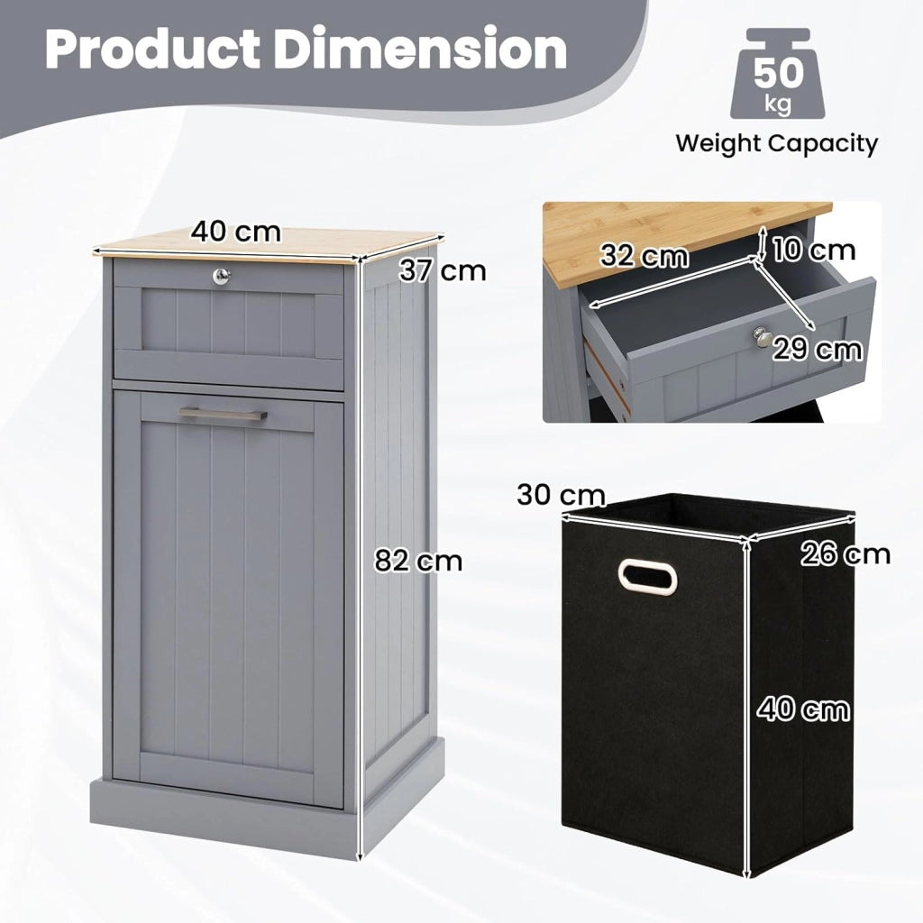 Armadio per Lavanderia in Legno con Cassetto e Cesto Estraibile per Biancheria, 40 x 37 x 82 cm, per Bagno (Grigio)