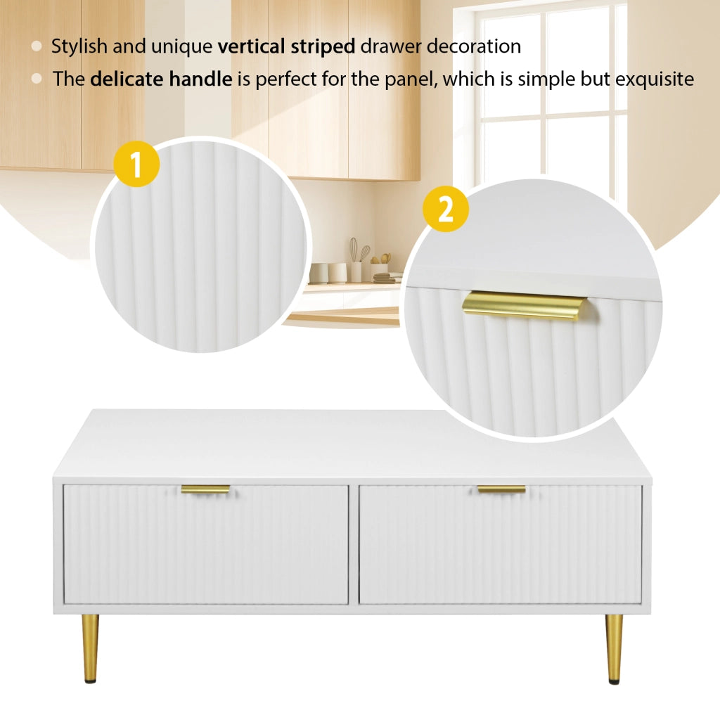Tavolino basso con 2 cassetti e finitura a strisce verticali per soggiorno in MDF, bianco e oro, 100 × 50 × 40 cm