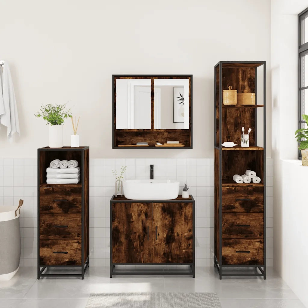 Set Mobili da Bagno | Armadio da bagno 4 pz Rovere Fumo in Legno Multistrato