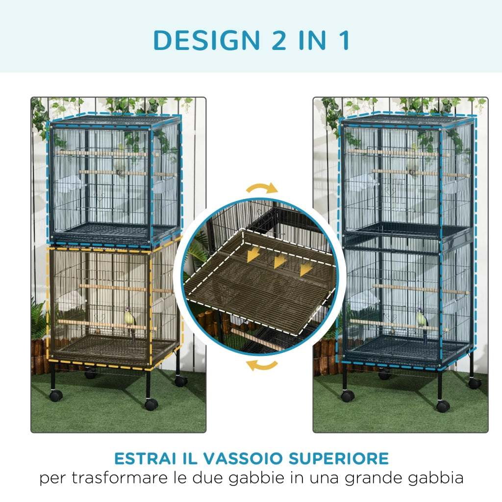 Gabbia Voliera per Uccelli per Interni con Ruote e Vassoi Estraibili, 51.5x50x140 cm, Nero
