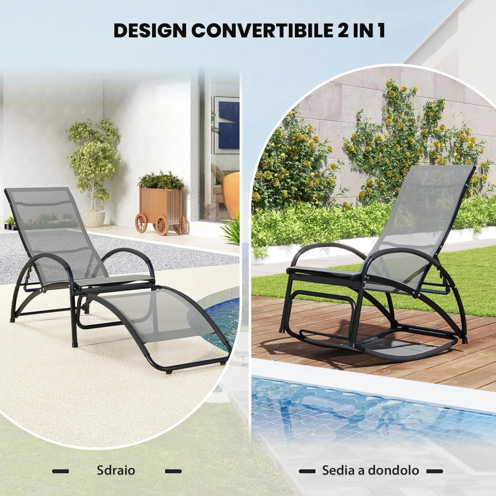 Sedia a Dondolo 2 in 1 da Giardino, Lettino Prendisole Convertibile con Schienale Regolabile a 4 Posizioni, Braccioli Curvi e Telaio in Alluminio, per Patio e Piscina, Portata 150 kg (Grigio)