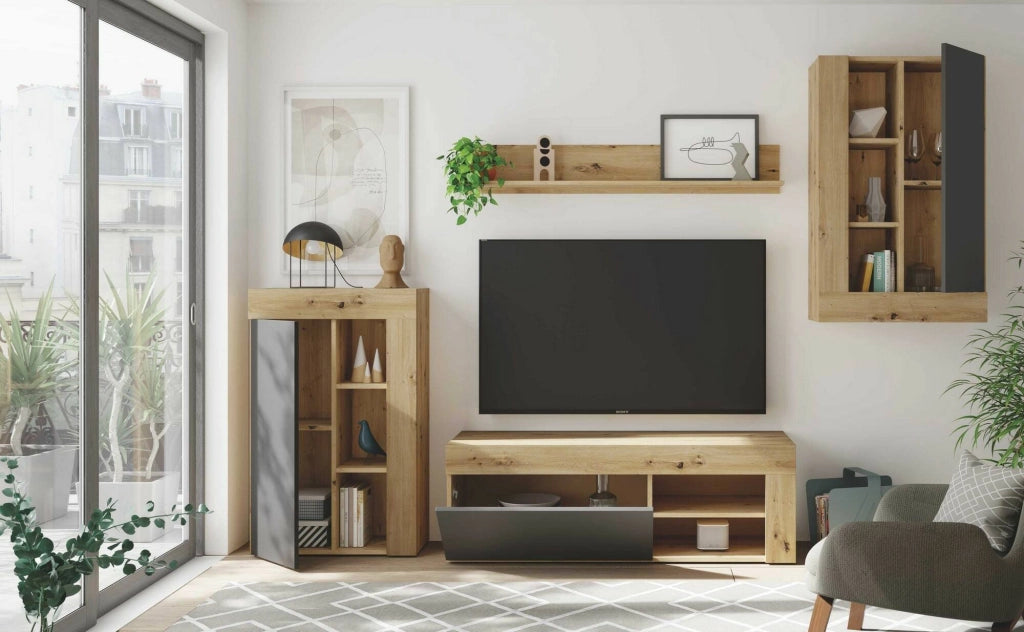 Parete attrezzata Atex, Set da soggiorno moderno, Mobile salotto multiuso, 260x41h102 cm, Rovere Nodi e Antracite
