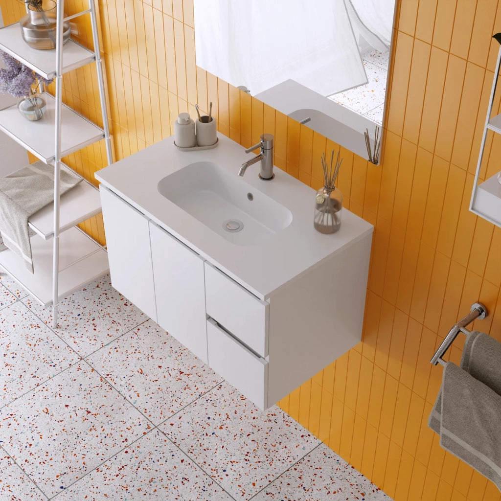 Mobile da bagno sospeso 80cm bianco lucido con lavabo e specchio | Rata