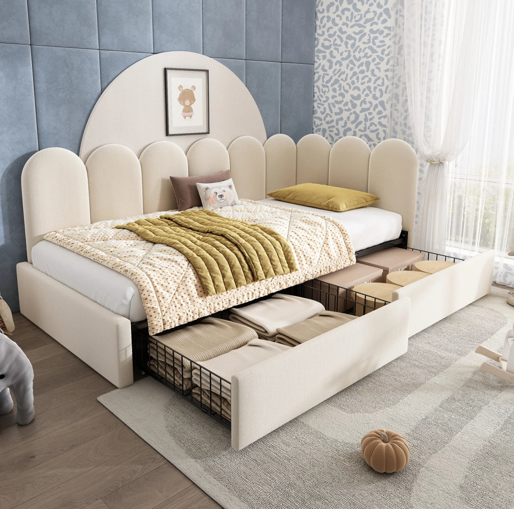 Letto singolo imbottito 90x190 cm con 2 cassetti e rete a doghe; velluto beige