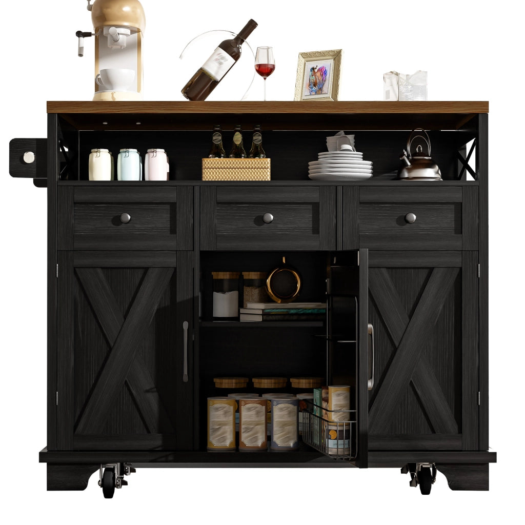 Carrello da Cucina con 3 Cassetti e 1 Anta; Piano Pieghevole; Portasciugamani e Ruote; in MDF e Metallo; Nero