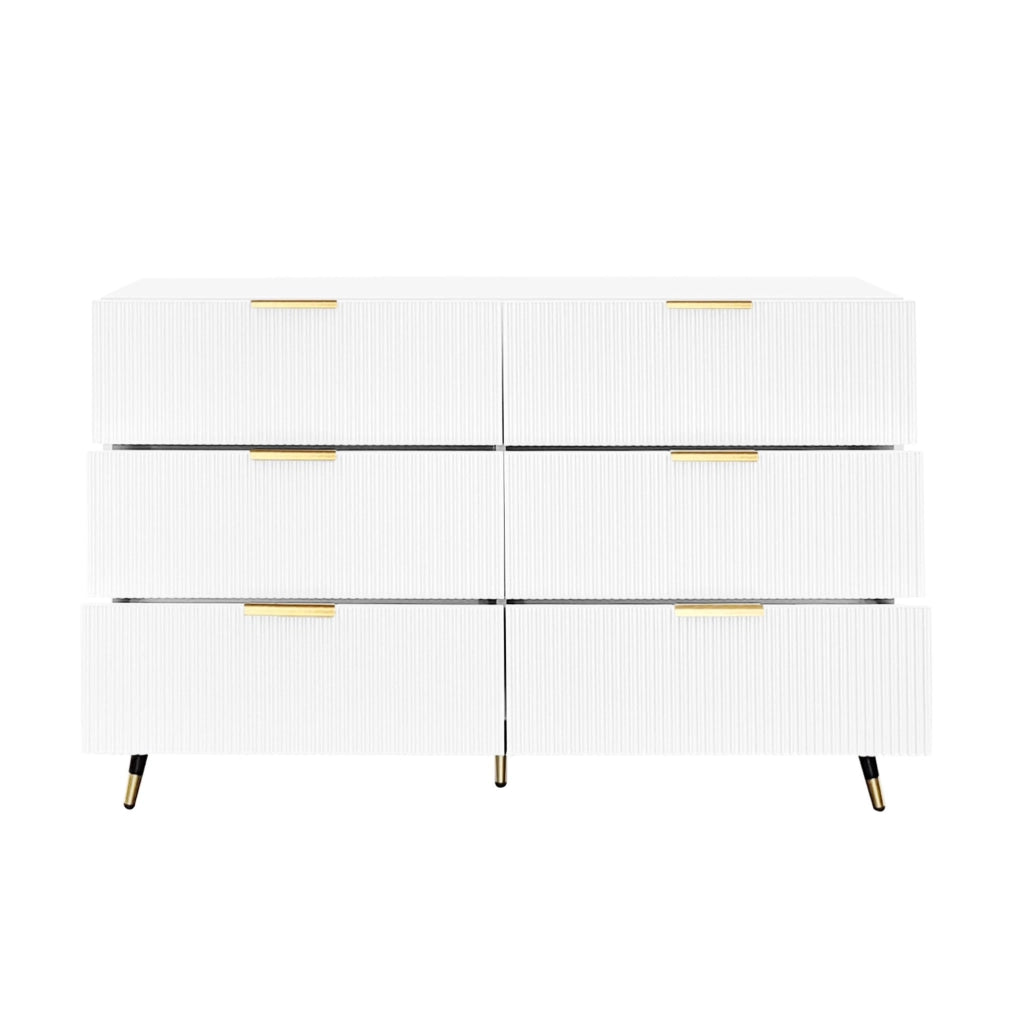 Credenza 120x77x40 cm con 6 cassetti; pannello truciolare bianco e oro