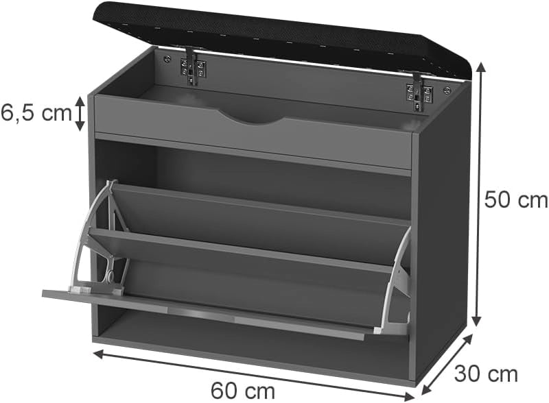 Panca scarpiera da ingresso Schufy, Antracite, 60 x 51 cm con 2 scomparti, con seduta imbottita rimovibile per una facile pulizia