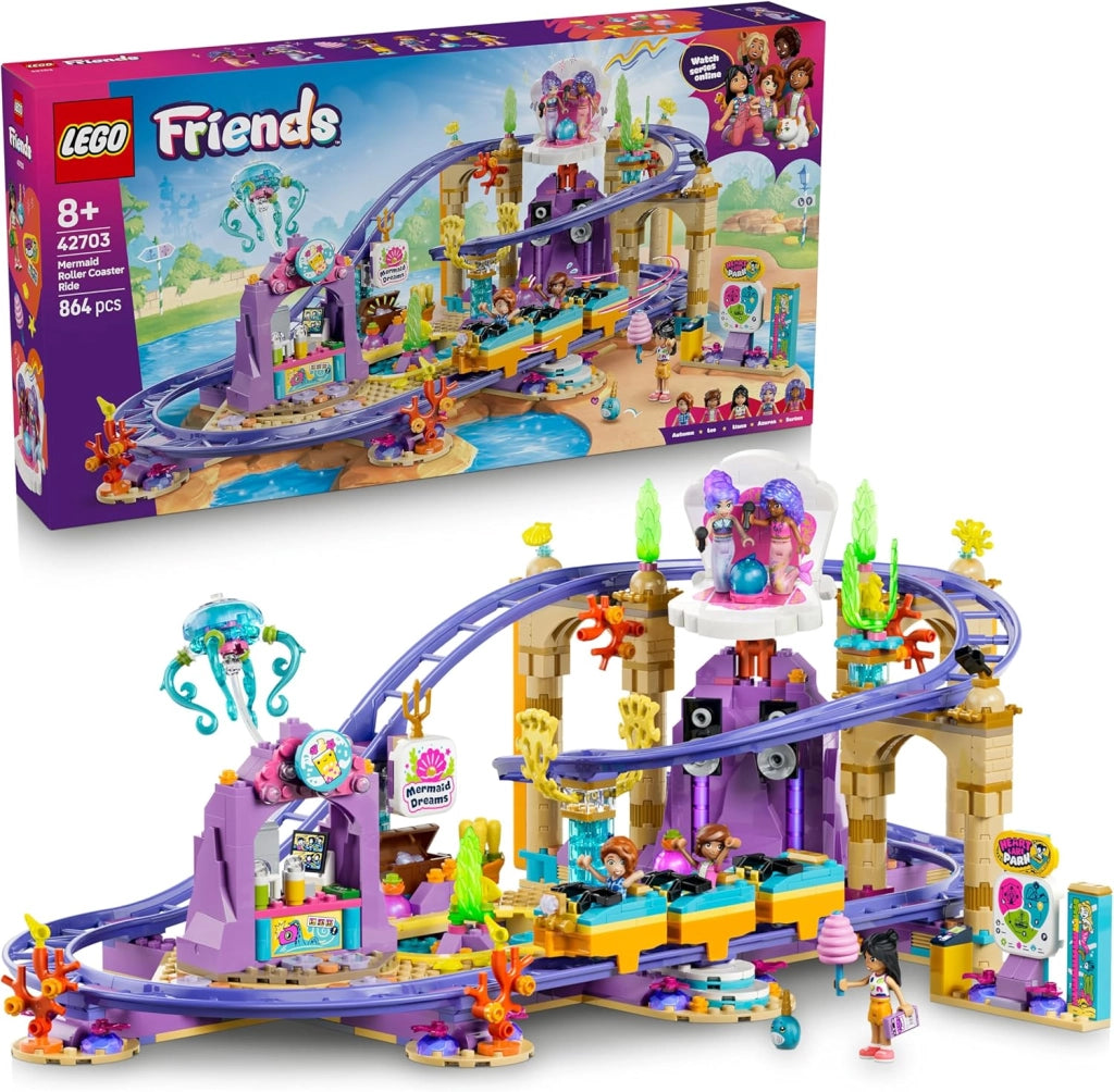 LEGO Friends Montagne Russe della Sirenetta - Giocattolo Interattivo con 3 Carrozze, Negozio, 5 Mini Bamboline e Accesso