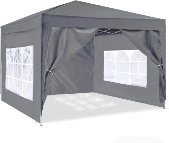 Pavilioio per giardino, 3 x 3 m, composto da supporto, tenda, protezione UV 50+, con 4 pareti per giardino, grigio