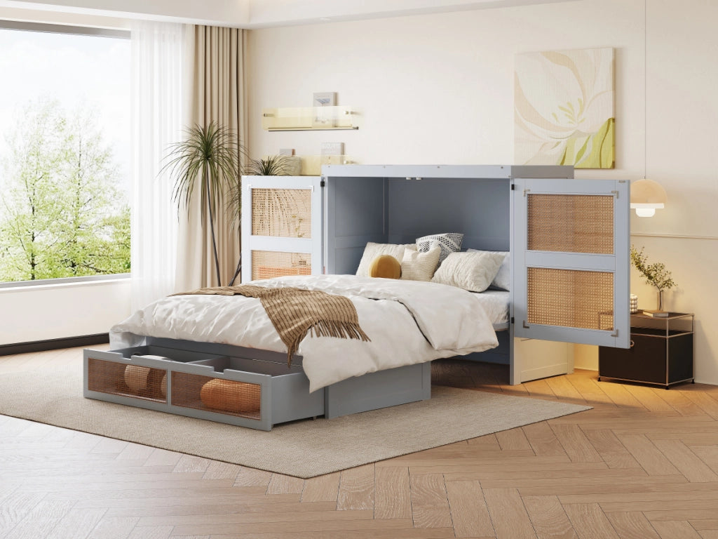 DESMIU Letto a scomparsa 2 posti con 2 cassetti, vano contenitore e ante a 270°, 140 × 200 cm, senza materasso, grigio