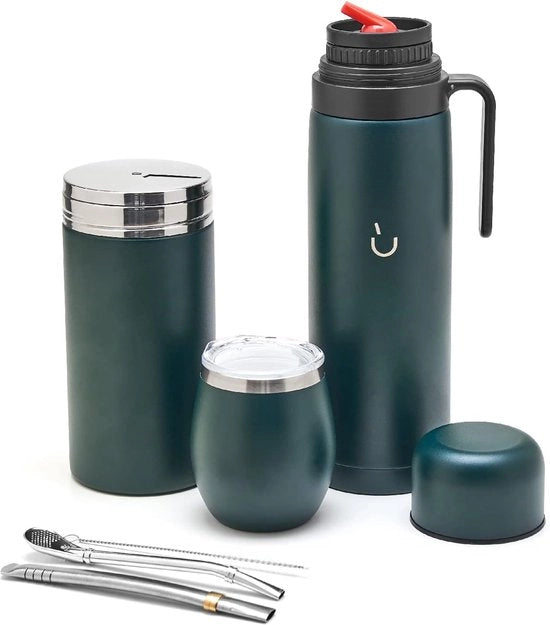 Set di Yerba Mate completo – moderna tazza Mate, termos, contenitore di Yerba, due pomponi e spazzola per pulizia inclusi – tutto di alta qualità in acciaio inox 304 18/8 (oro)
