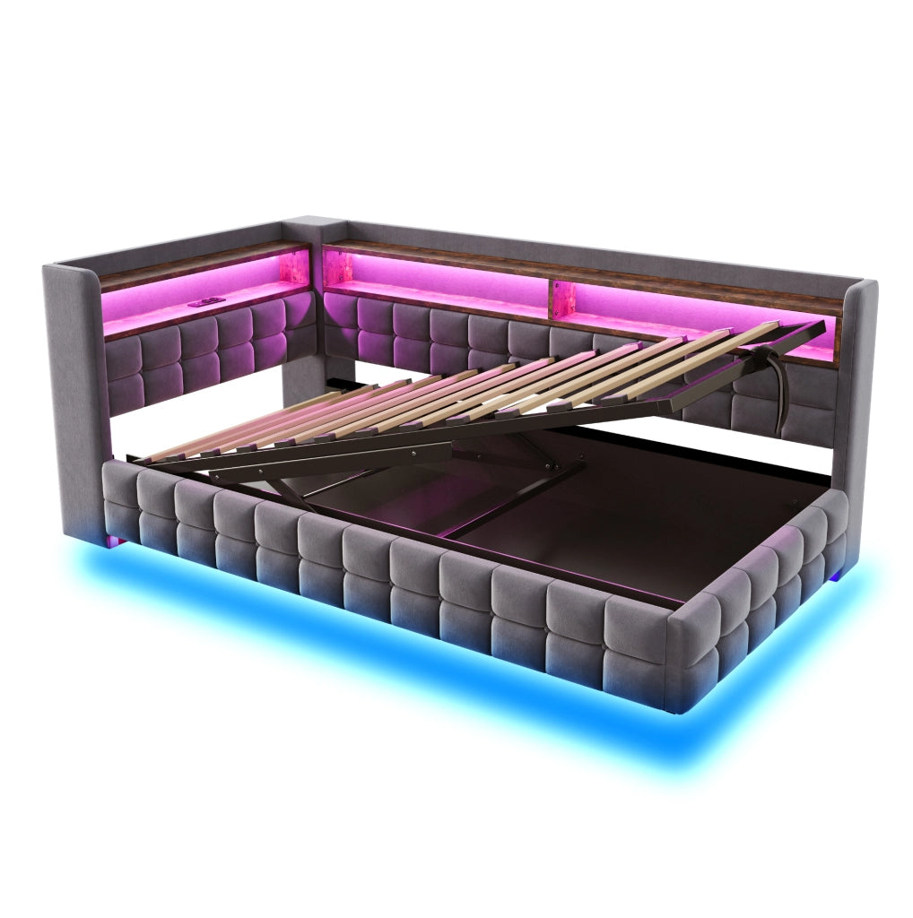 Letto imbottito multifunzione 90x200 cm con contenitore, LED e prese integrate