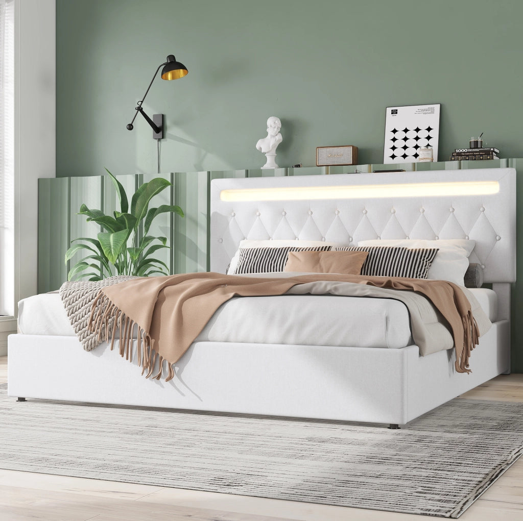 Letto matrimoniale imbottito 180x200 cm con LED, USB e vano contenitore