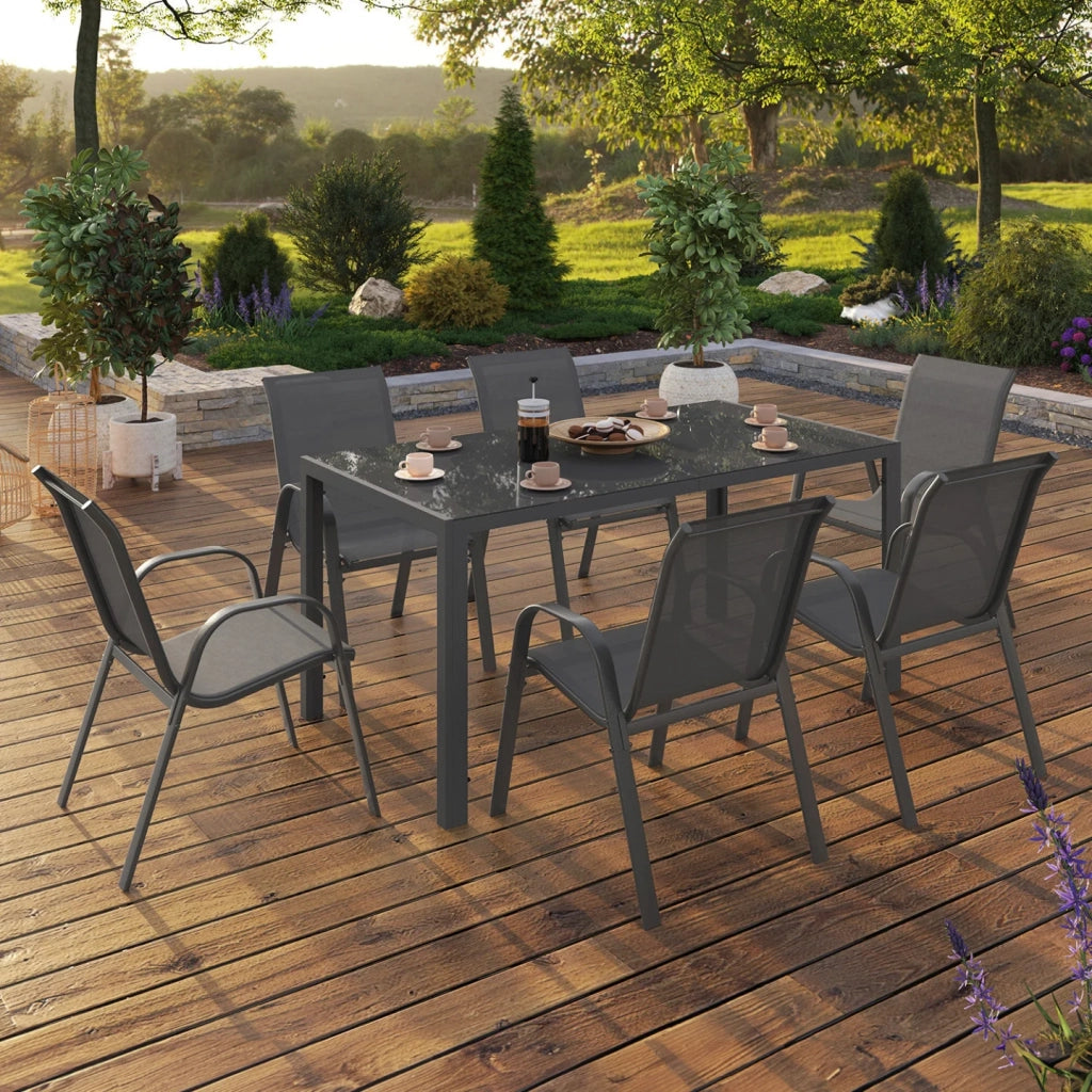 IDMarket - Set di mobili da giardino MADRID tavolo 150 CM e 6 sedie impilabili grigio antracite