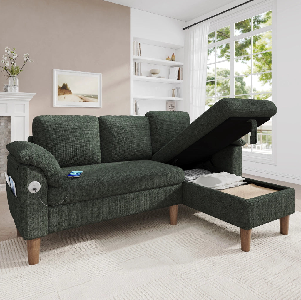 Divano angolare modulare 3 posti con chaise longue contenitore; USB/Type-C; verde