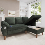 Divano angolare modulare 3 posti con chaise longue contenitore; USB/Type-C; verde