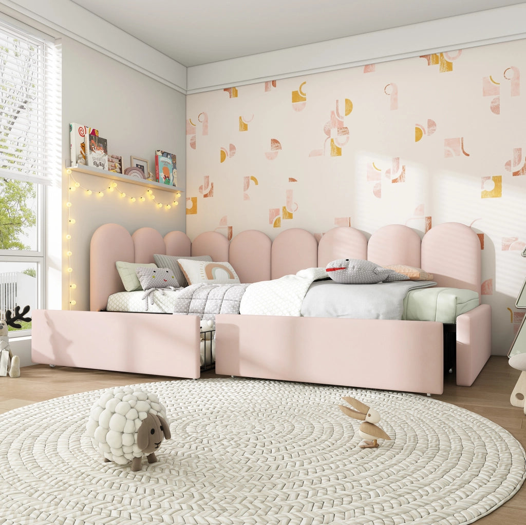 Letto imbottito con 2 cassetti e struttura salvaspazio, 90x190 cm