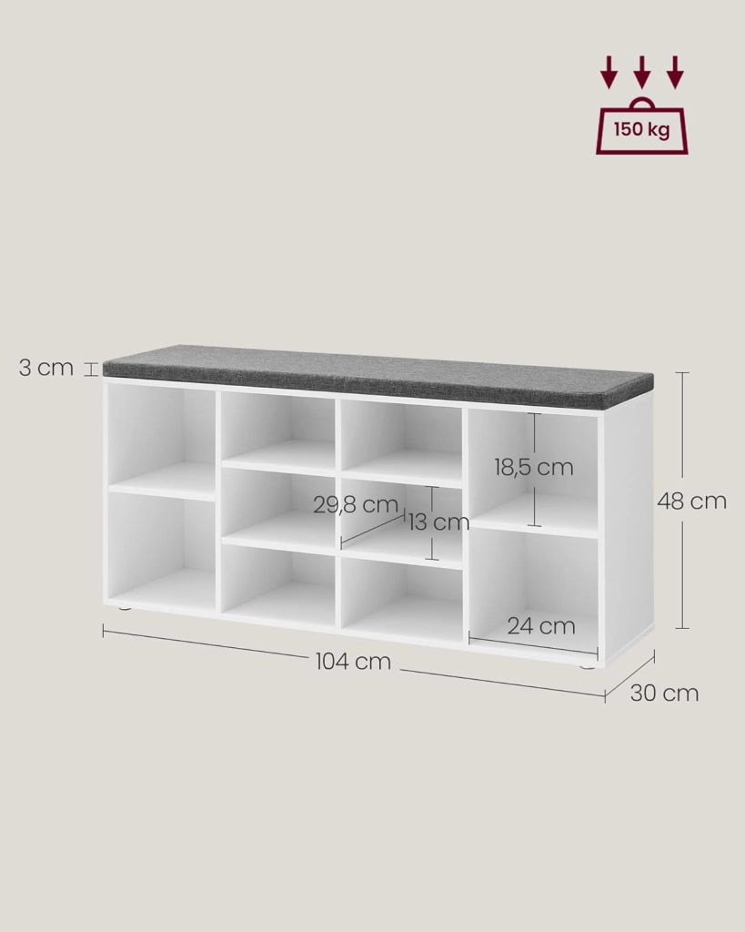 VASAGLE Panca Scarpiera, Scaffale Portascarpe a 10 Scomparti, Organizzatore Portaoggetti, con Sedile Imbottito, per Ingresso, 104 x 30 x 48 cm, Bianco LHS10WT
