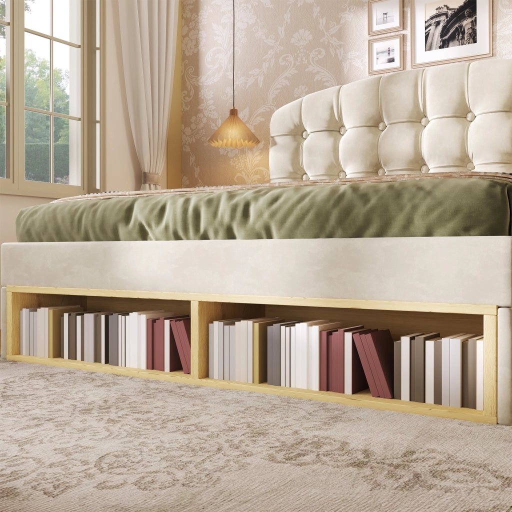 Letto con Cassetti 140x190 cm; Letto Matrimoniale - Contenitore e Mensole - in Velluto - Beige
