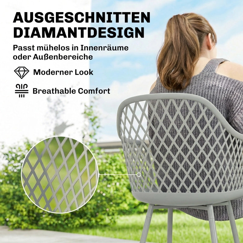 Set di 4 sedie da giardino in plastica con braccioli, schienale avvolgente e gambe in metallo, 56 x 51 x 84 cm, grigio