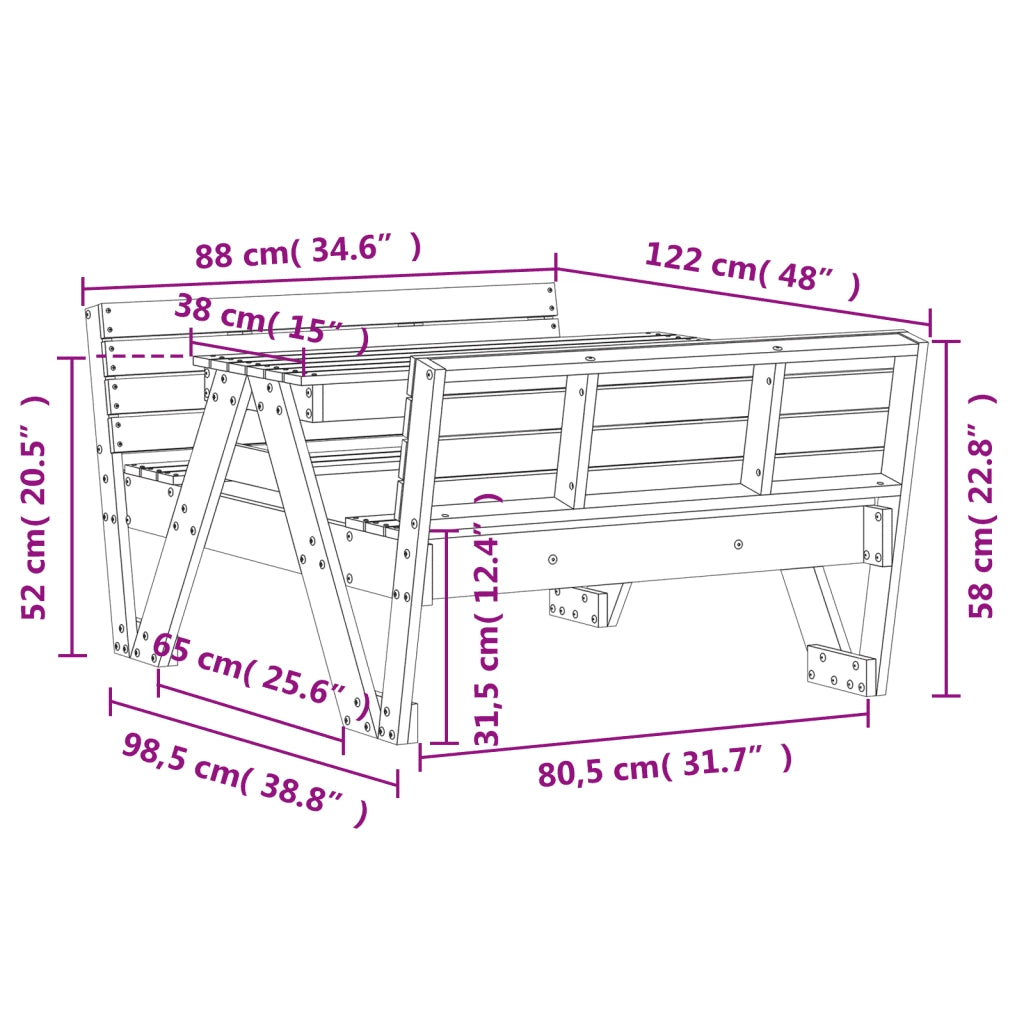 Tavolo Picnic per Bambini Bianco 88x122x58 cm Massello di Pino 832602