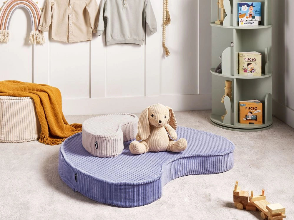 Set di 2 cuscini da terra in velluto a coste a forma di fagiolo viola e beige cameretta soggiorno