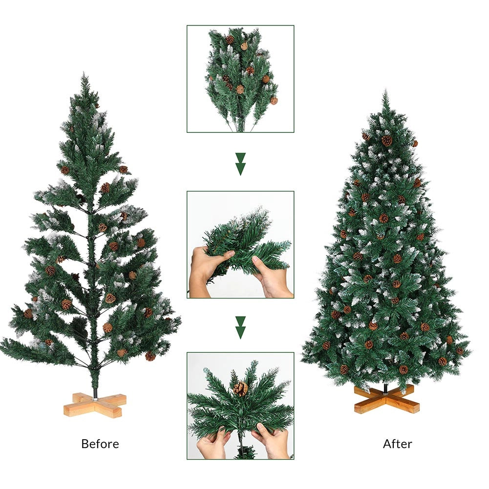 Albero di Natale Innevato 180cm Folto con Pigne 831 Rami Base Legno Massello